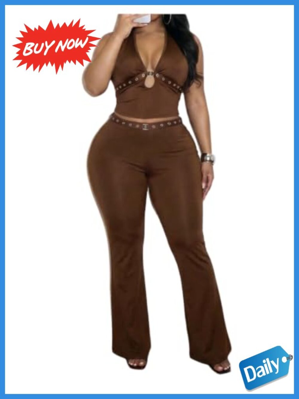 Plus Size 2 Piece Set Crop Halter Top Flare Pants High Stretch